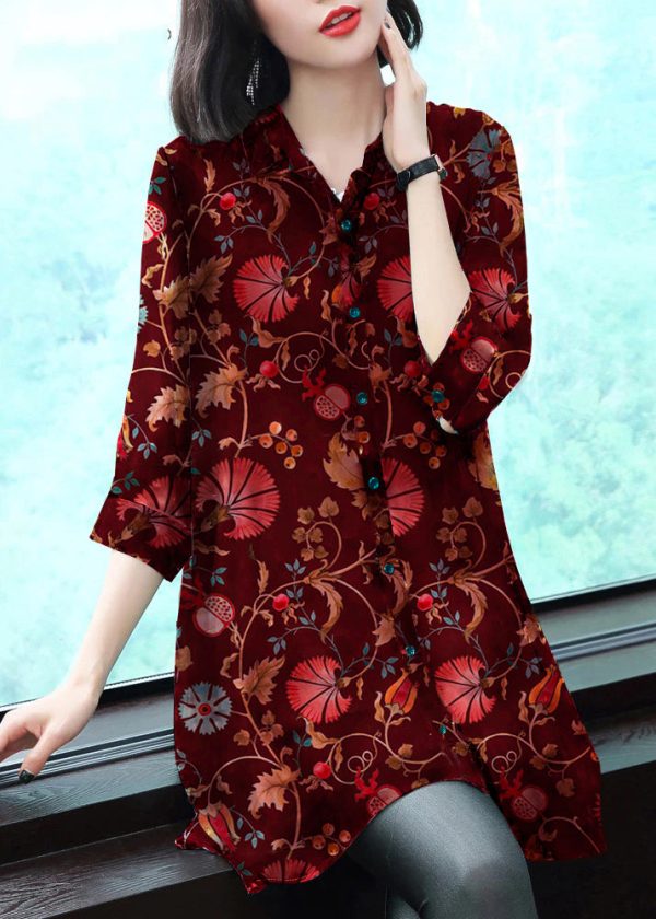 Stylish Peter Pan Collar Button Print Chiffon Shirt Tops Summer - Image 9