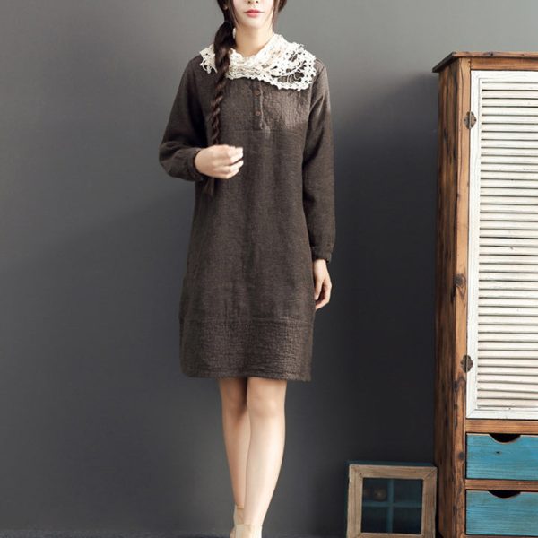 fall 2025 cotton warm dresses oversize o neck linen casual dres - Image 2