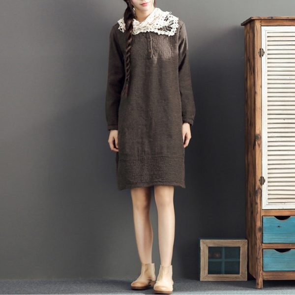 fall 2025 cotton warm dresses oversize o neck linen casual dres - Image 3