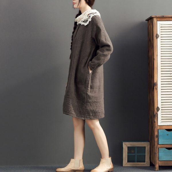fall 2025 cotton warm dresses oversize o neck linen casual dres - Image 4
