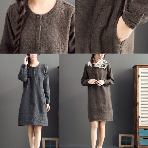 fall 2025 cotton warm dresses oversize o neck linen casual dres - Image 5