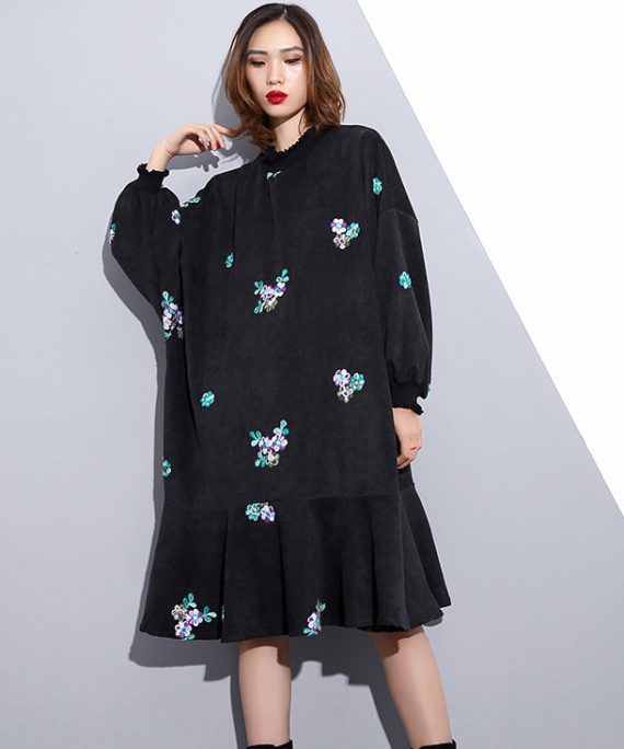 fashion black embroidery fall dress Loose fitting traveling dress Elegant Stand clothing dresses