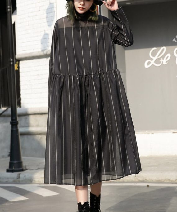 fashion black long tulle dress plus size striped cotton caftans New stand collar maxi dresses