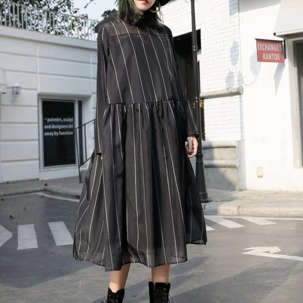 fashion black long tulle dress plus size striped cotton caftans New stand collar maxi dresses - Image 2