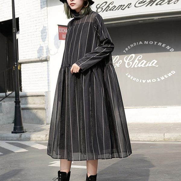fashion black long tulle dress plus size striped cotton caftans New stand collar maxi dresses - Image 3