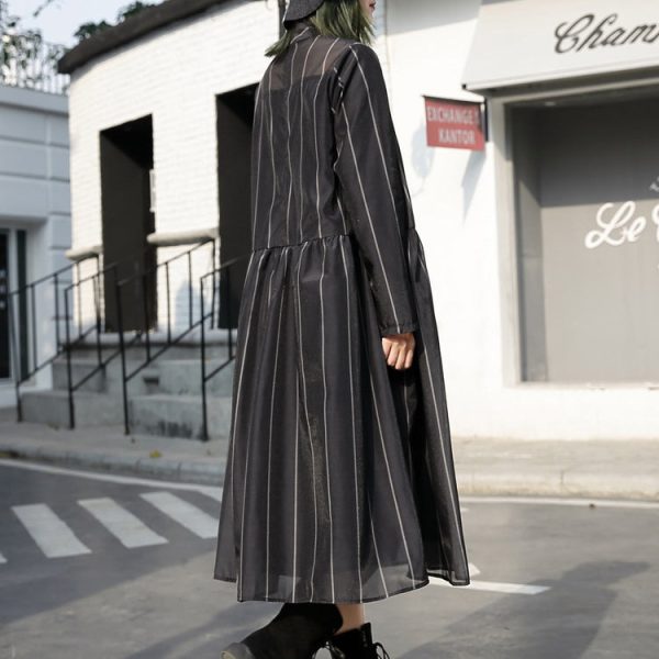 fashion black long tulle dress plus size striped cotton caftans New stand collar maxi dresses - Image 4