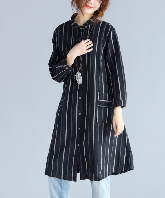 fashion black striped pure cotton linen dress New long sleeve pockets Turn-down Collar knee dresses