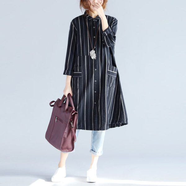 fashion black striped pure cotton linen dress New long sleeve pockets Turn-down Collar knee dresses - Image 2