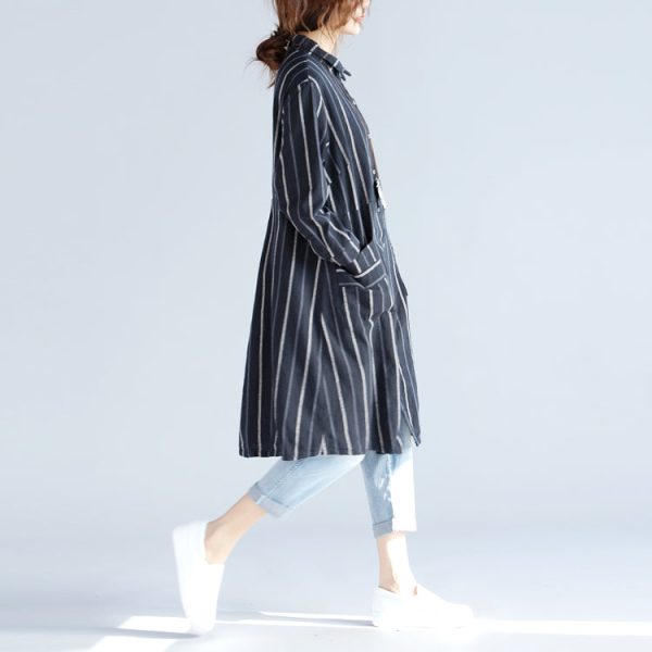 fashion black striped pure cotton linen dress New long sleeve pockets Turn-down Collar knee dresses - Image 3