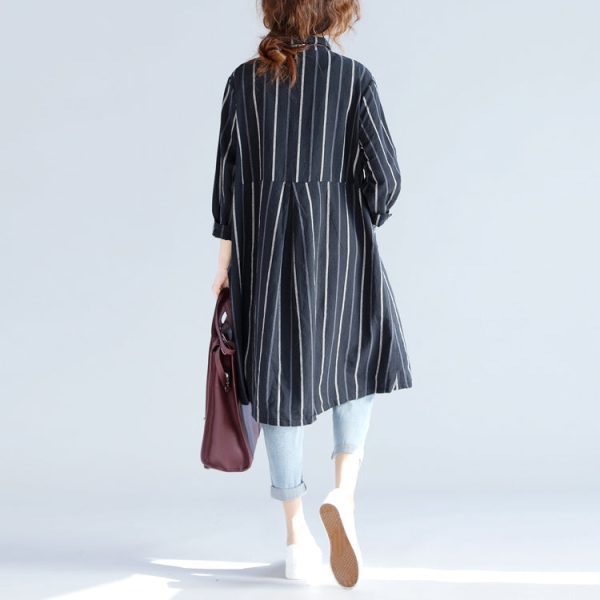 fashion black striped pure cotton linen dress New long sleeve pockets Turn-down Collar knee dresses - Image 4