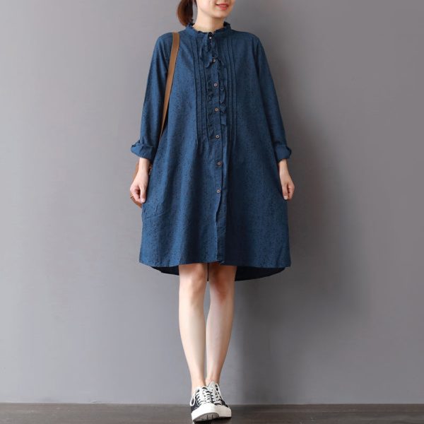 fashion blue linen shift dresses Loose fitting traveling shirt dress 2018 ruffles collar cotton clothing - Image 2
