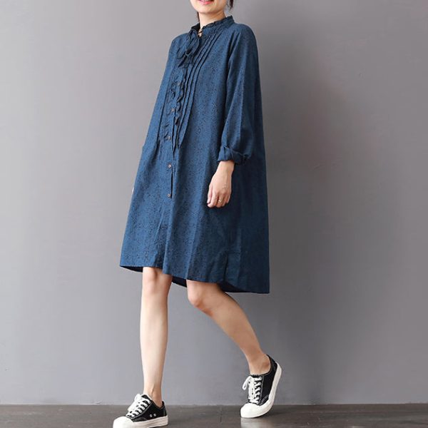 fashion blue linen shift dresses Loose fitting traveling shirt dress 2018 ruffles collar cotton clothing - Image 3