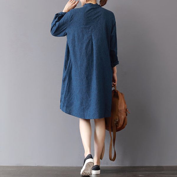 fashion blue linen shift dresses Loose fitting traveling shirt dress 2018 ruffles collar cotton clothing - Image 4
