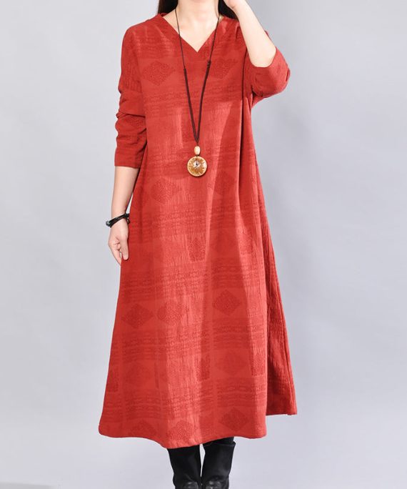 fashion burgundy Midi-length linen dress oversize linen clothing dresses Elegant back side open v neck linen clothing dress