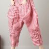 fashion casual red plaid cotton crop pants loose elastic waist pants