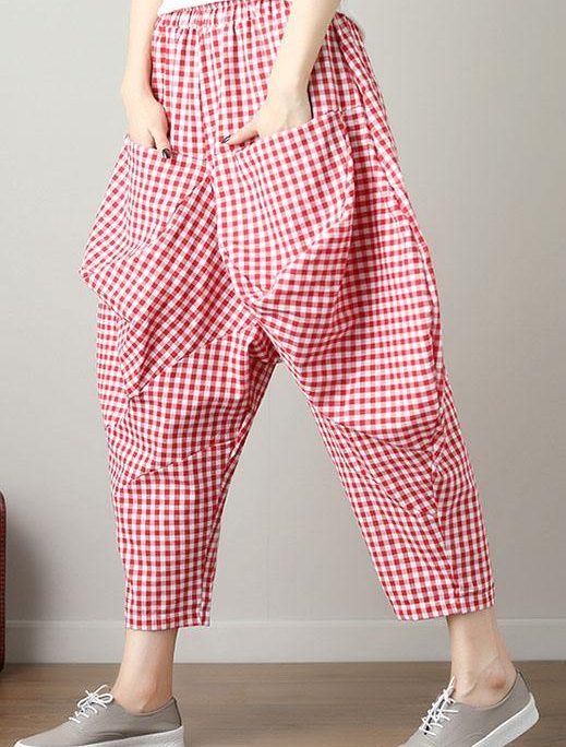 fashion casual red plaid cotton crop pants loose elastic waist pants