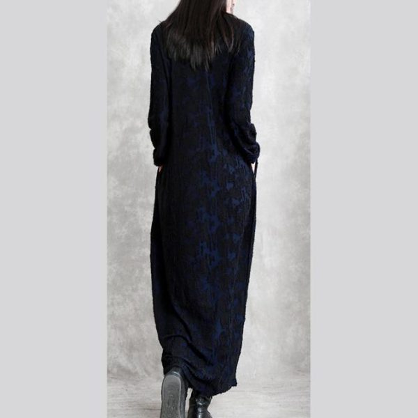 fashion dark blue Jacquard cotton blended dresses plus size V neck asymmetric linen clothing dress casual long sleeve baggy dresses - Image 4