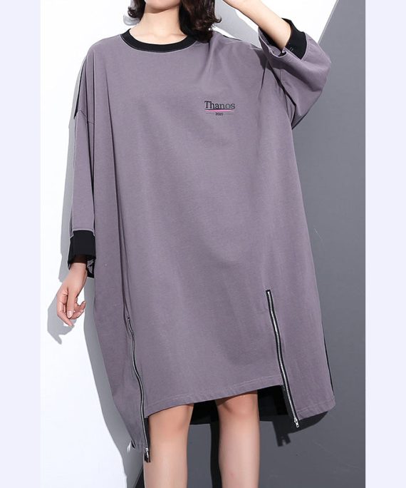 fashion gray Midi-length cotton dress plus size clothing autumn dress zippered baggy vintage O neck cotton dresses