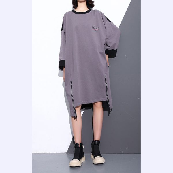fashion gray Midi-length cotton dress plus size clothing autumn dress zippered baggy vintage O neck cotton dresses - Image 2