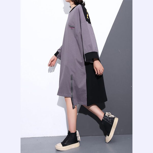 fashion gray Midi-length cotton dress plus size clothing autumn dress zippered baggy vintage O neck cotton dresses - Image 3