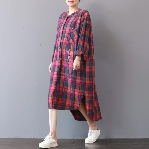fashion plaid prints cotton caftans Loose fitting cotton clothing shirt dress New low high design kaftans - Image 3