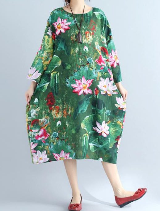 green prints linen shift dresses Loose fitting holiday 2018 wild long sleeve linen clothing dresses
