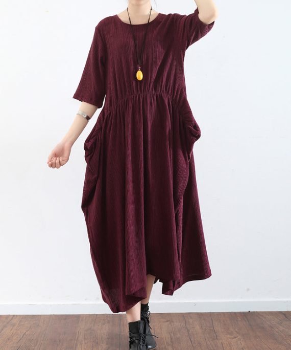 half sleeve burgundy baggy plus size dress pleated silk dresses long silk maxi dress tunic gown