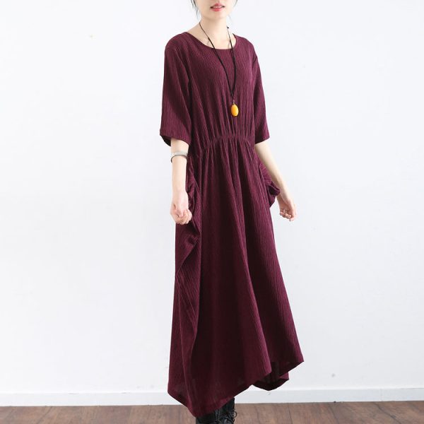 half sleeve burgundy baggy plus size dress pleated silk dresses long silk maxi dress tunic gown - Image 2