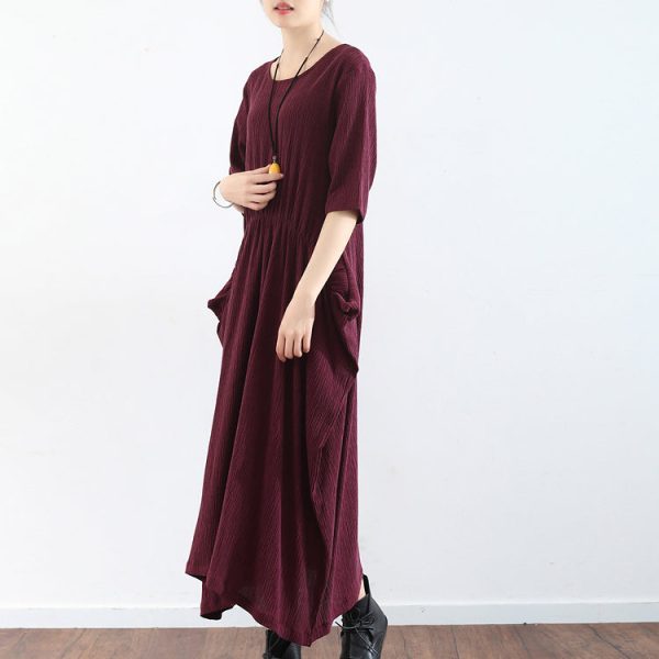 half sleeve burgundy baggy plus size dress pleated silk dresses long silk maxi dress tunic gown - Image 3
