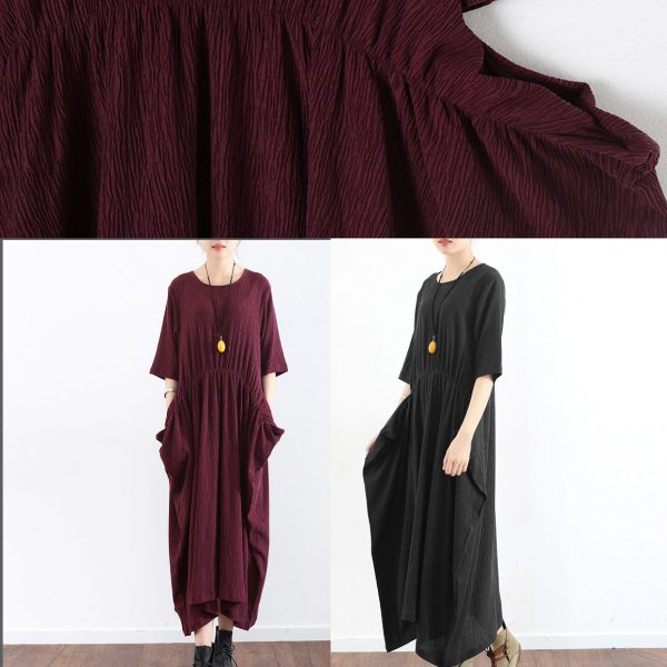 half sleeve burgundy baggy plus size dress pleated silk dresses long silk maxi dress tunic gown - Image 5