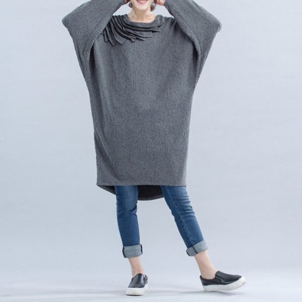 light gray unique cotton dress plus size Cinched batwing sleeve dress - Image 2