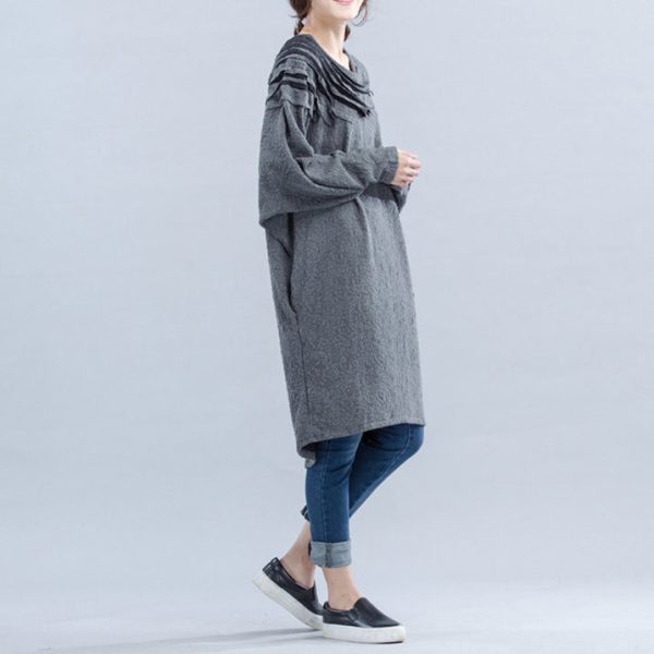 light gray unique cotton dress plus size Cinched batwing sleeve dress - Image 3