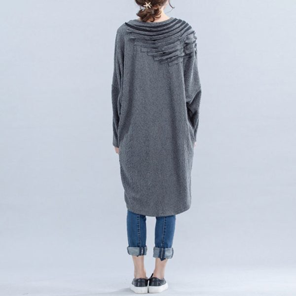 light gray unique cotton dress plus size Cinched batwing sleeve dress - Image 4