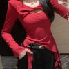 lim Fit Red Asymmetrical Hollow Out Cotton T Shirt Spring