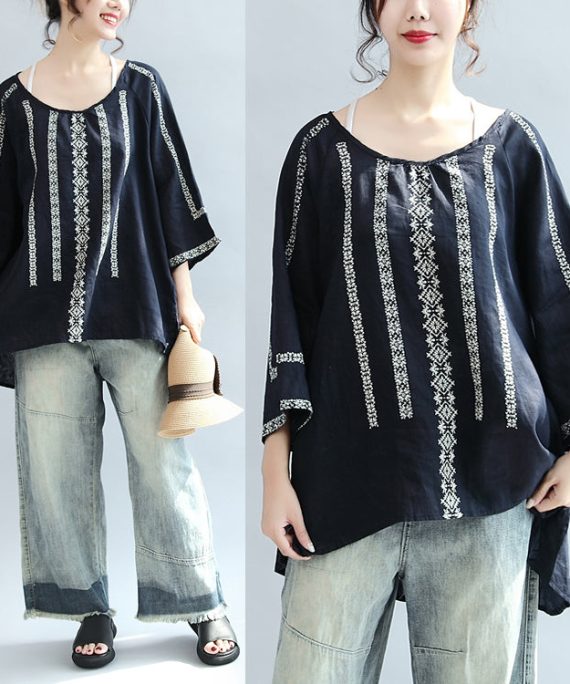 navy striped linen blouse plus size bracelet sleeved blouse