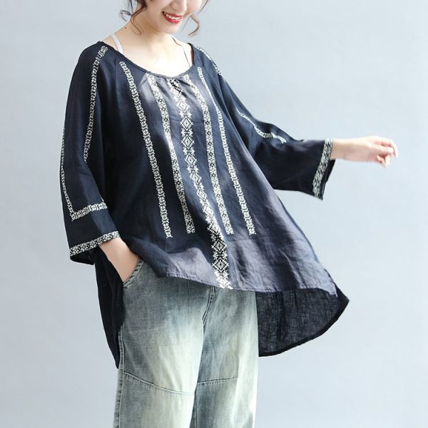 navy striped linen blouse plus size bracelet sleeved blouse - Image 2