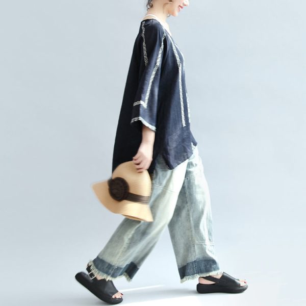 navy striped linen blouse plus size bracelet sleeved blouse - Image 3
