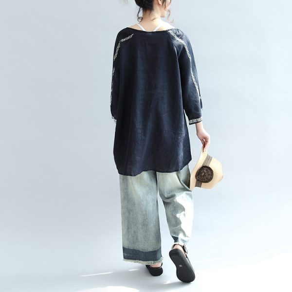 navy striped linen blouse plus size bracelet sleeved blouse - Image 4