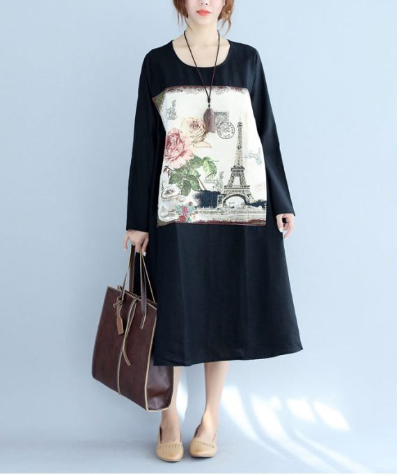 new black print cotton linen dresses plus size long sleeve maternity dress