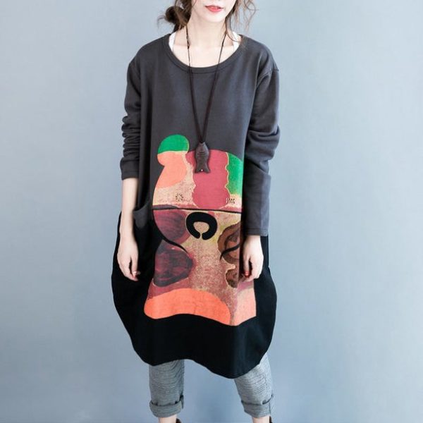 oversize autumn winter prints cotton dresses black gray patchwork thick maternity dress - Image 2
