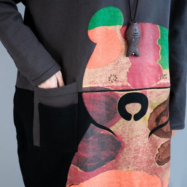 oversize autumn winter prints cotton dresses black gray patchwork thick maternity dress - Image 5
