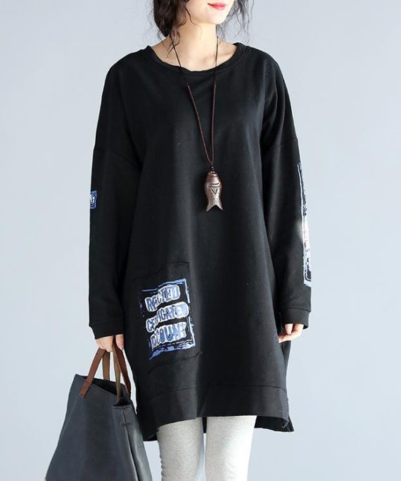 oversize casual autumn black cotton dresses loose prints long sleeve dress