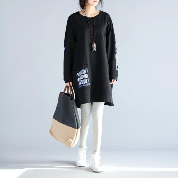 oversize casual autumn black cotton dresses loose prints long sleeve dress - Image 2