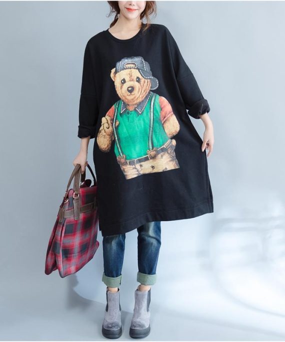 plus size casual black cartoon print cotton dresses long sleeve mid long t pullover