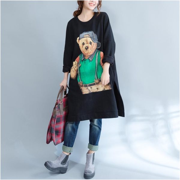plus size casual black cartoon print cotton dresses long sleeve mid long t pullover - Image 3