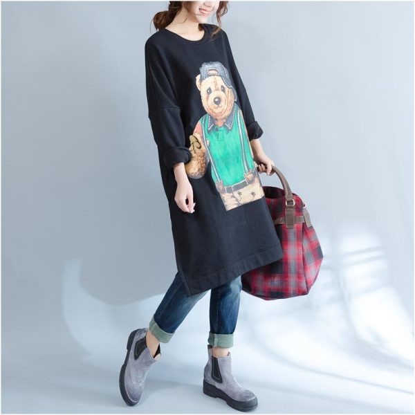 plus size casual black cartoon print cotton dresses long sleeve mid long t pullover - Image 4