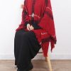 red plaid tassel cloak women casual high neck knit sweater