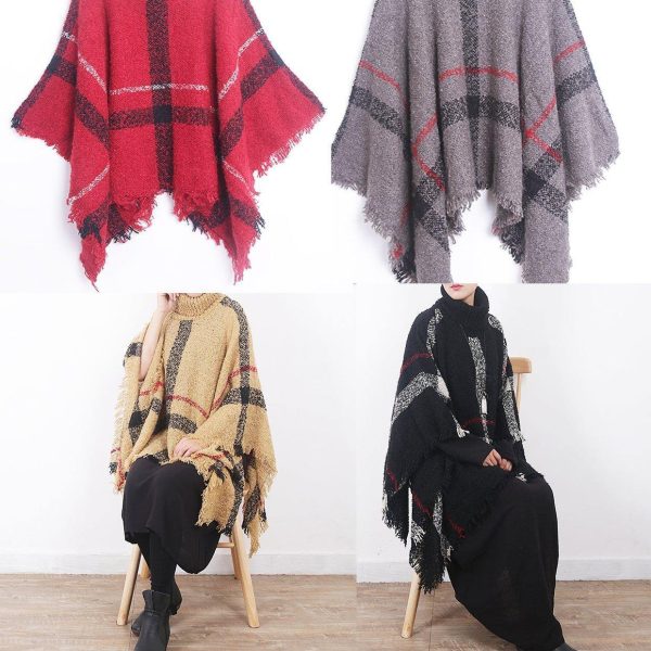 red plaid tassel cloak women casual high neck knit sweater - Image 5