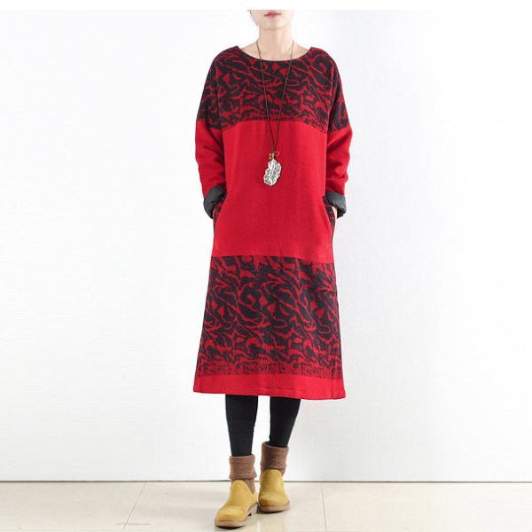 red vintage winter dresses 2025 winter woolen print maxi dress pullover caftans long shirts - Image 3