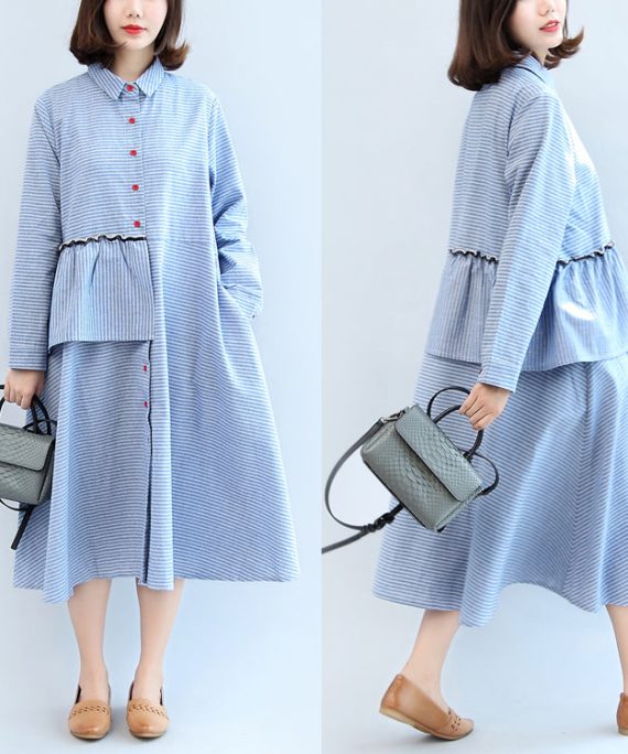 ruffles blue white striped cotton dresses plus size casual